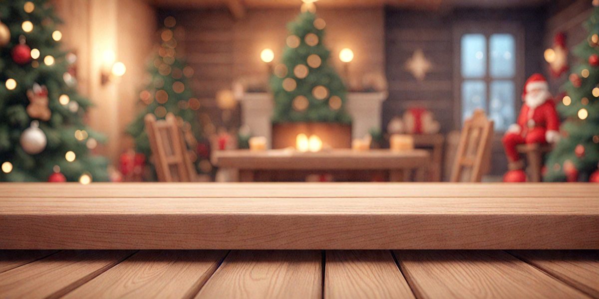 The primary subject of the image is a wooden bench with a table in front of it. The setting is a Christmas-themed room with a lit Christmas tree in the background. The visual style is a photo, and the colors and mood are festive and warm, with the lit Christmas tree adding a cozy ambiance to the scene.